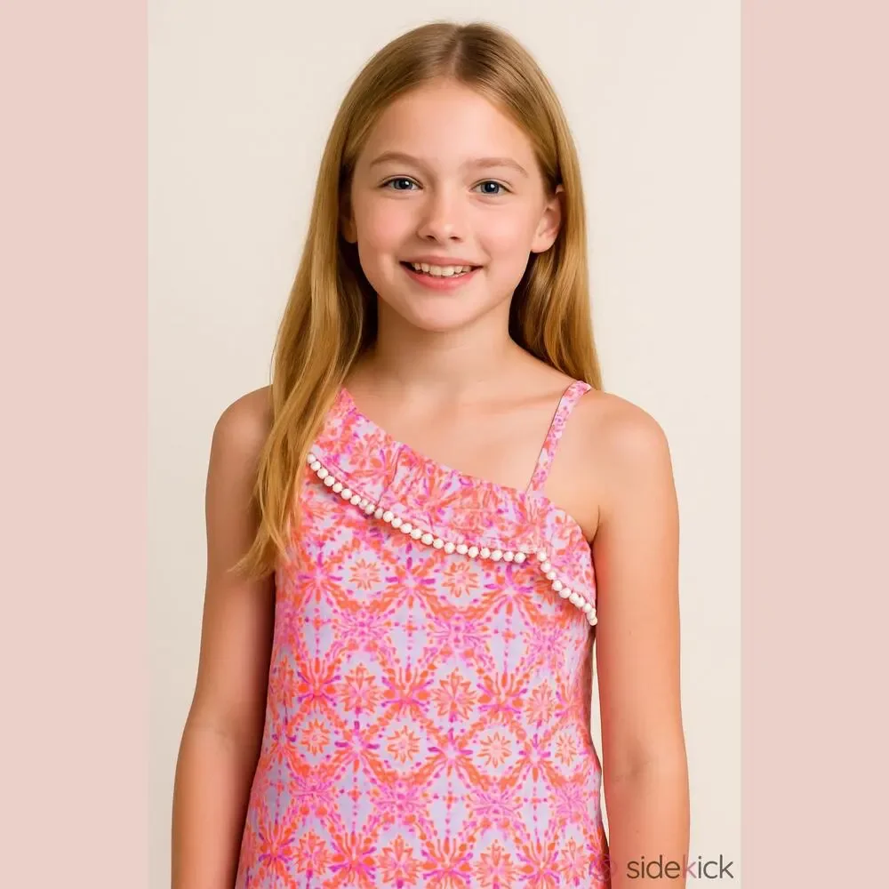 Arizona Jean Co Girls‎ Tank Size Large 6 Fun Orange Pink One Shoulder Ruffle NEW